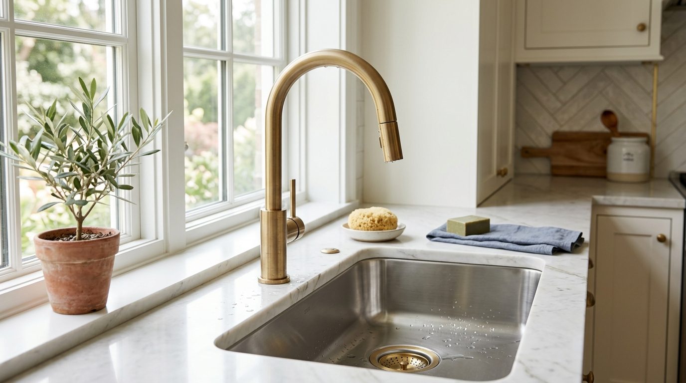A sparkling-clean kitchen sink and brass faucet